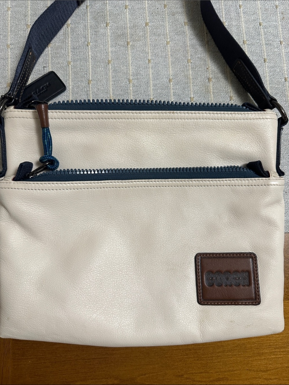 Coach Cream Leather Crossbody with Navy Trim and Brown Patch